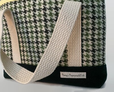 Small Upcycled Tote Bag, Green Houndstooth Wool with Lining - image4